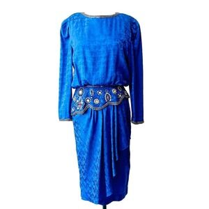Vintage 80's  I.Magnin Royal Blue Silk‎ Beaded Rhinestone Embellished Dress